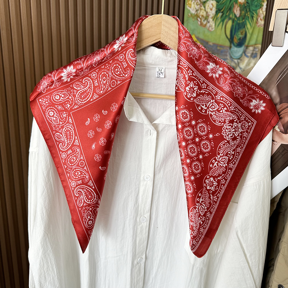 Spring new red silk scarf, featuring a fashionable Chinese style. The scarf is in a square design and can be used for neck protection as well as as a 