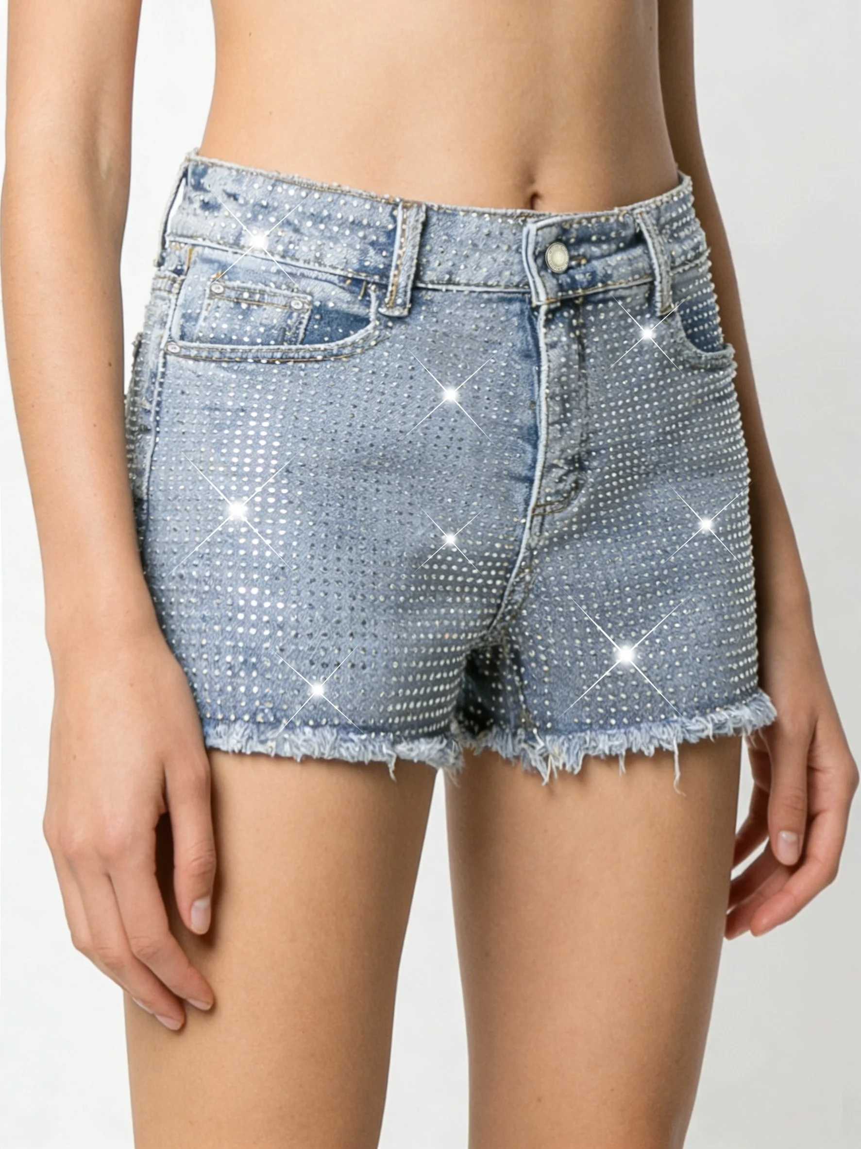 Shorts Female Jeans Women Jeans Shorts Distressed Denim Blue Stretch Elegant Fashion Crystal Embellished M260319