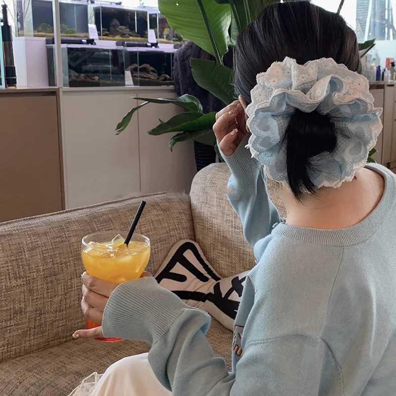 Ladies Hair Tie Blue Plaid Bow Lace Square Scarf Headband Korean Womens Oversized Hair Accessories Sweet Style Cute Scrunchies H260319