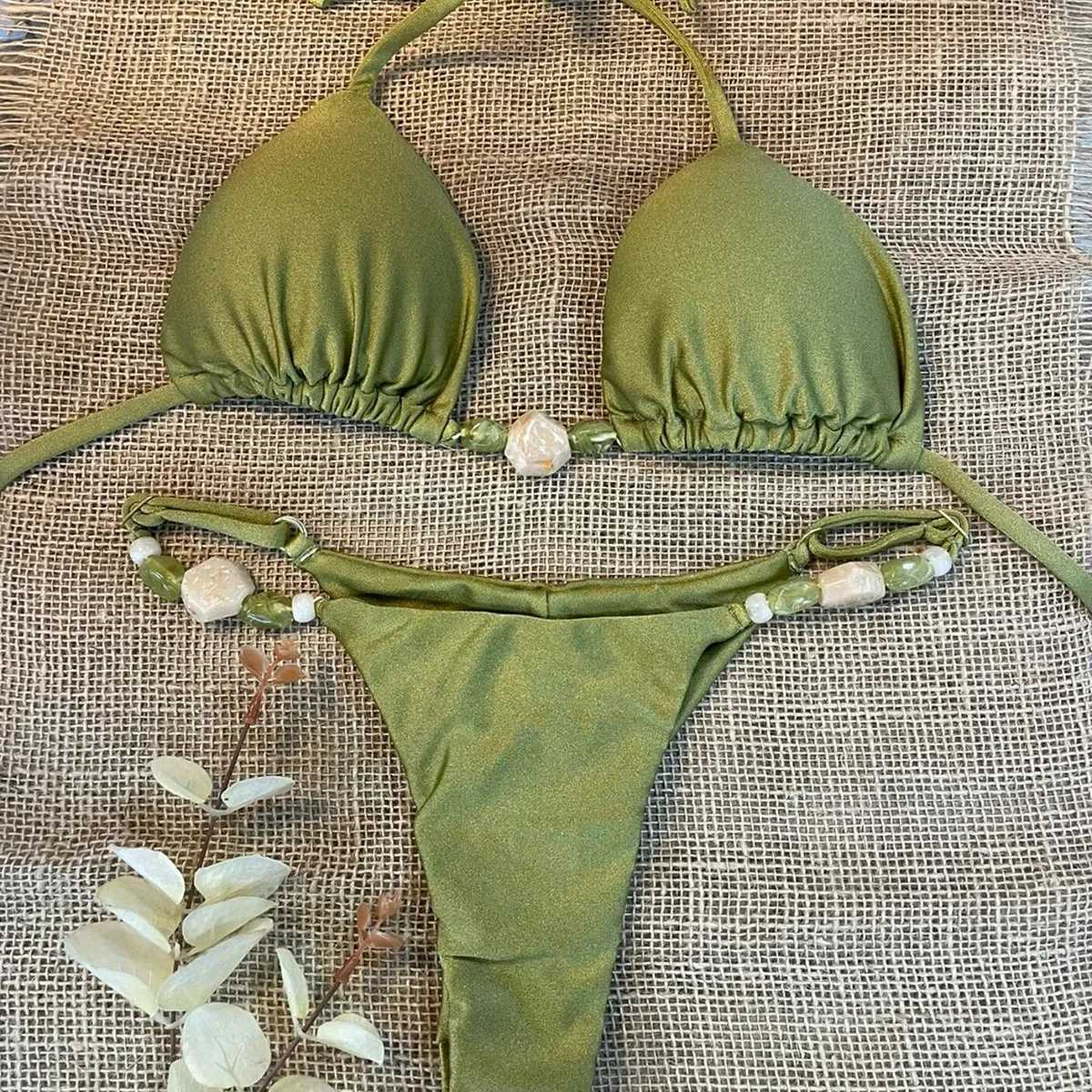 New 2025 Womens Micro Bikini Set Beads Decor Belt Swimsuit Sexy Halter-neck Backless Swimwear Drawstring Bathing Suit BeachwearT260318