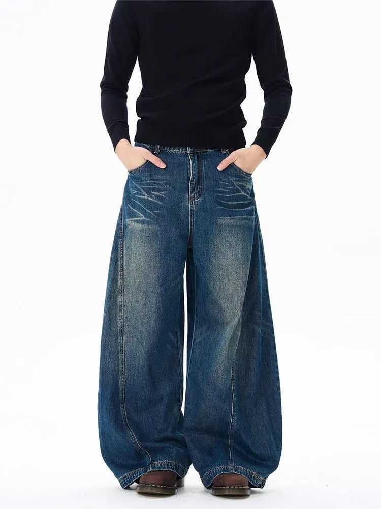 Vintage Black Washed Baggy Jeans Pants Men Wide leg Curved Blade Pants Streetwear Cowboy Casual Denim Straight Trousers M260319