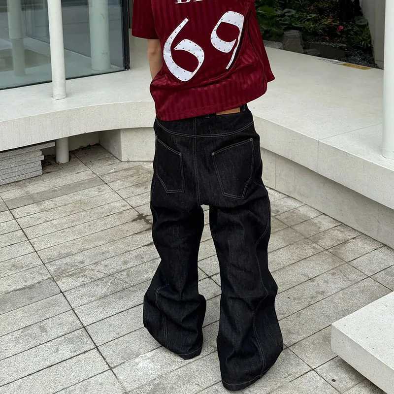 Korean High Street Buckle Curved Jeans Autumn MenS Loose Straight Leg Pants Black Wide Leg Pants Casual Pants Hip-Hop Pants M260319