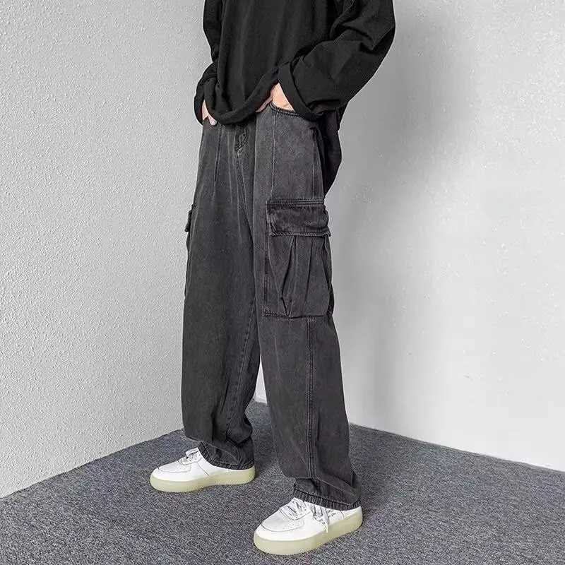 Loose Straight Long Pants Trendy Washed Men New Elastic Waist Spring Autumn Youth Popular Fashion Jeans Big Pocket Cargo Pants M260319