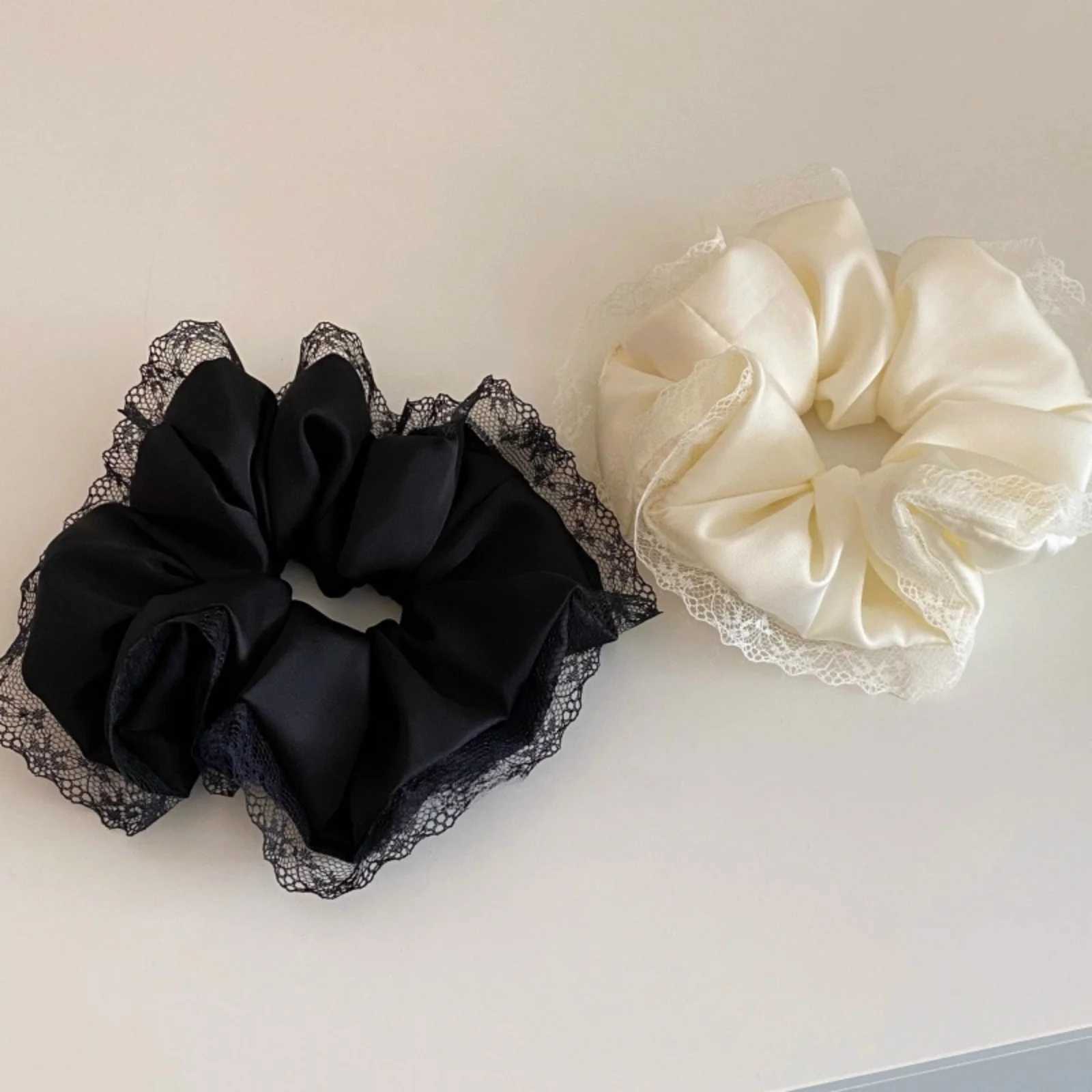 1PC Black and White Satin Hair Ties Lace - Trimmed Scrunchies Elegant Hair Accessories for Womens Daily Styling H260319