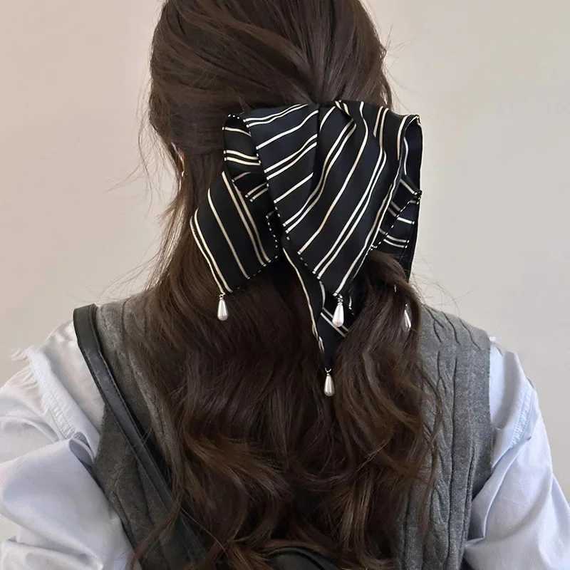 Fabric Striped Square Kerchief Scrunchies for Women Water Drop Imitation Pearl Pendant Ponytail Holders Personality Hair Bands H260319