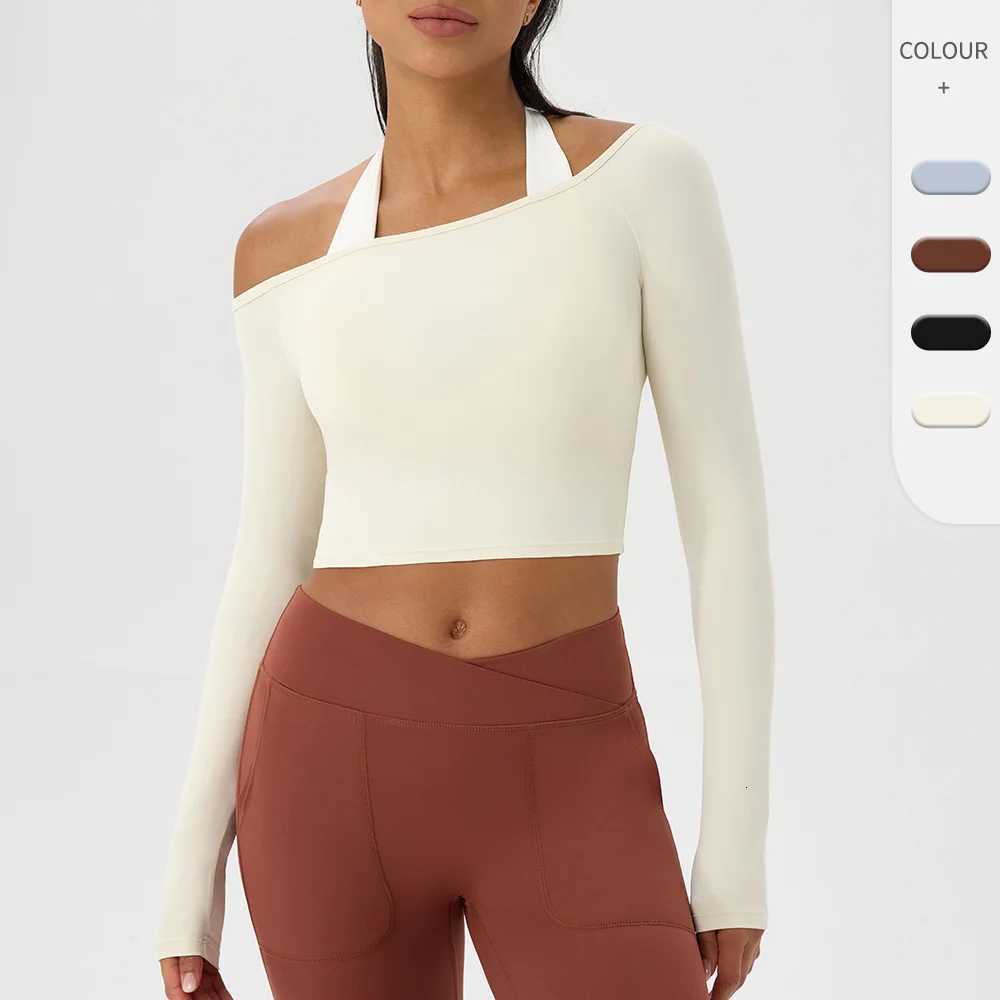Yoga long-sleeved T-shirt womens one-shoulder sexy tight fitness wear top nude feel quick-drying sports sleeved Yoga Shirts Z20260319