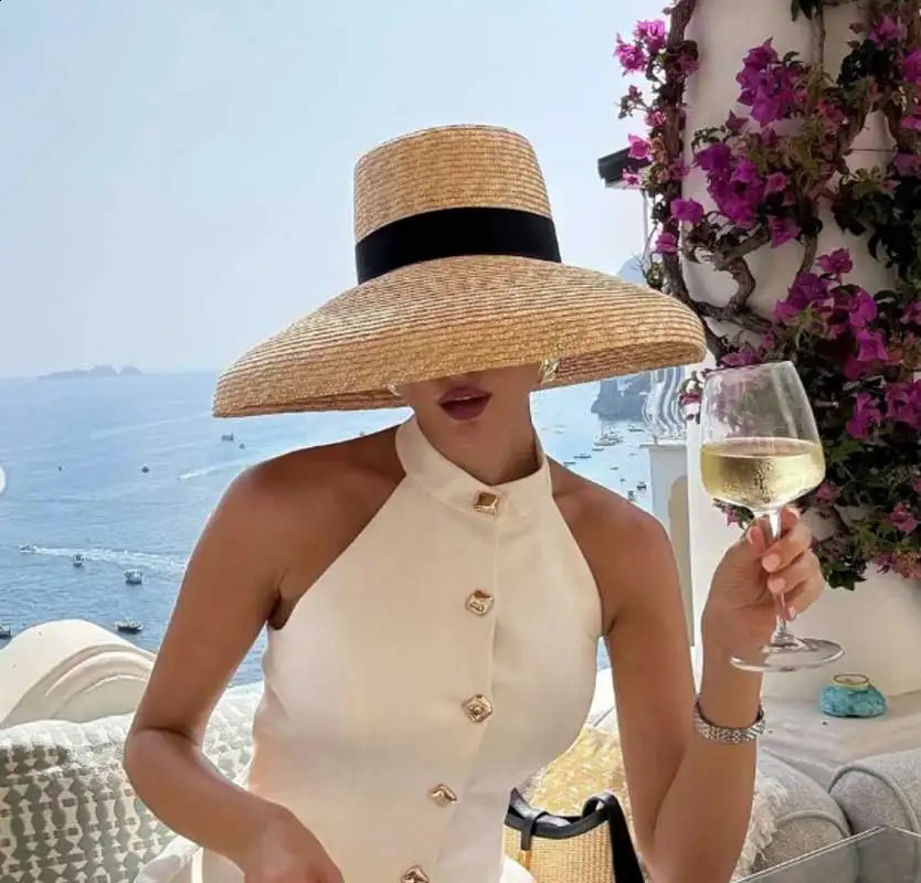 Straw summer hat French elegant ladies seaside travel sun hat Hepburn style wide brim hat 260318
