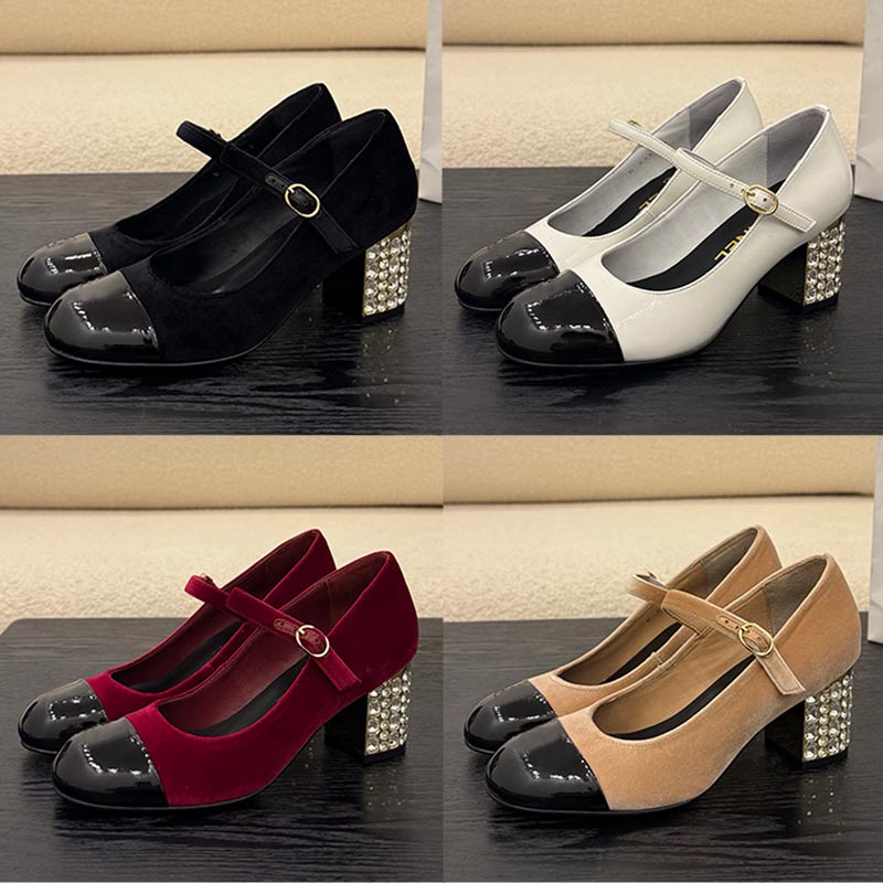 Designer Womens Mary Jane Shoes Casual Fashion Women Crystal High Heels Velvet Upper Sheepskin Inner 6cm Heel 2026 New Miss Crystal Sandals