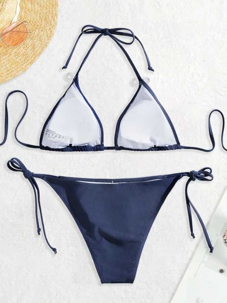 Swimwear Thong Bikini Set Sexy New Navy Blue Swimsuits Woman Sexy Bathing Suits Bikinis Triangle Bandage Female BeachwearT260318