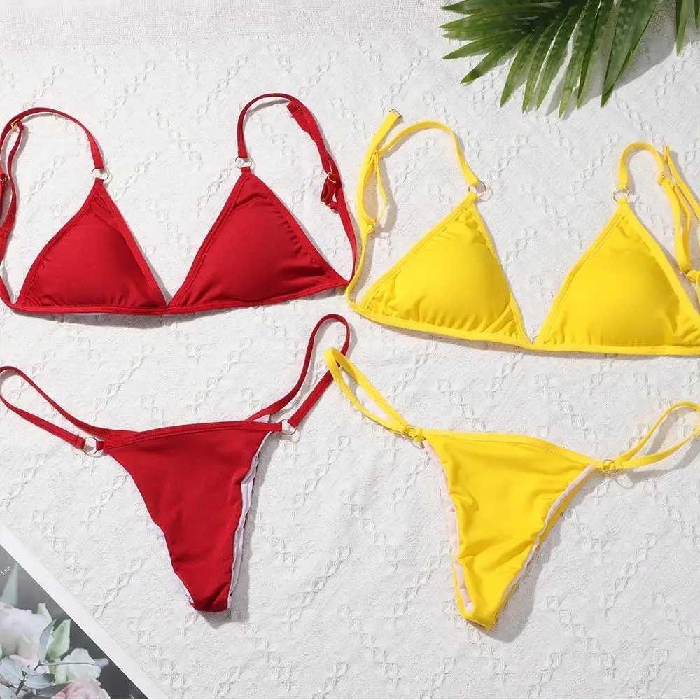 Ladies Sexy Solid Color Sling Bikini Set Metal Buckle Decorated Swimwear Set Woman Sling Backless Bikini Vacation Beach SwimwearT260318