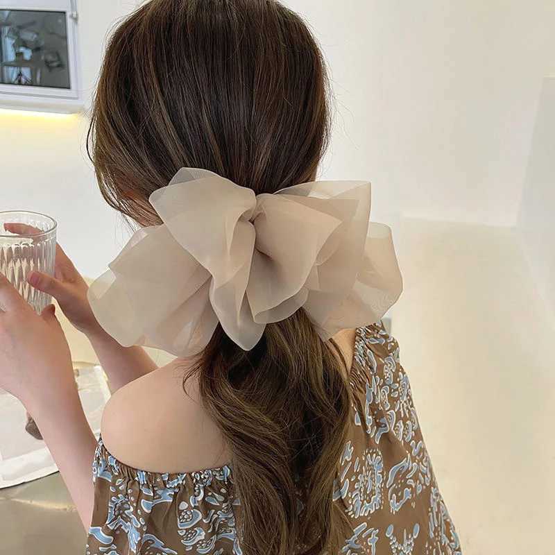 Black Beige Khaki Oversize Bow Hairpin for Women Cute Net Yarn Bowknot Ribbon Clip Hair Clip Korean Chiffon Hair Accessories H260319