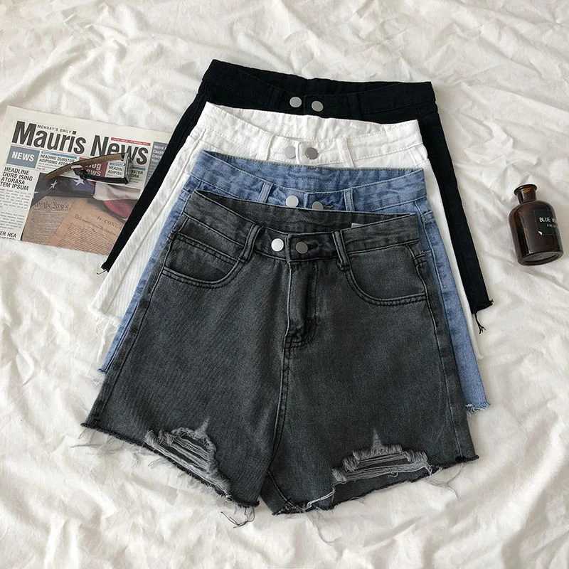 Summer Lady Ripped Designer Solid Jeans Women Fashion High Waist Short Pants Girls Chic Korean Leisure Denim Shorts M260319