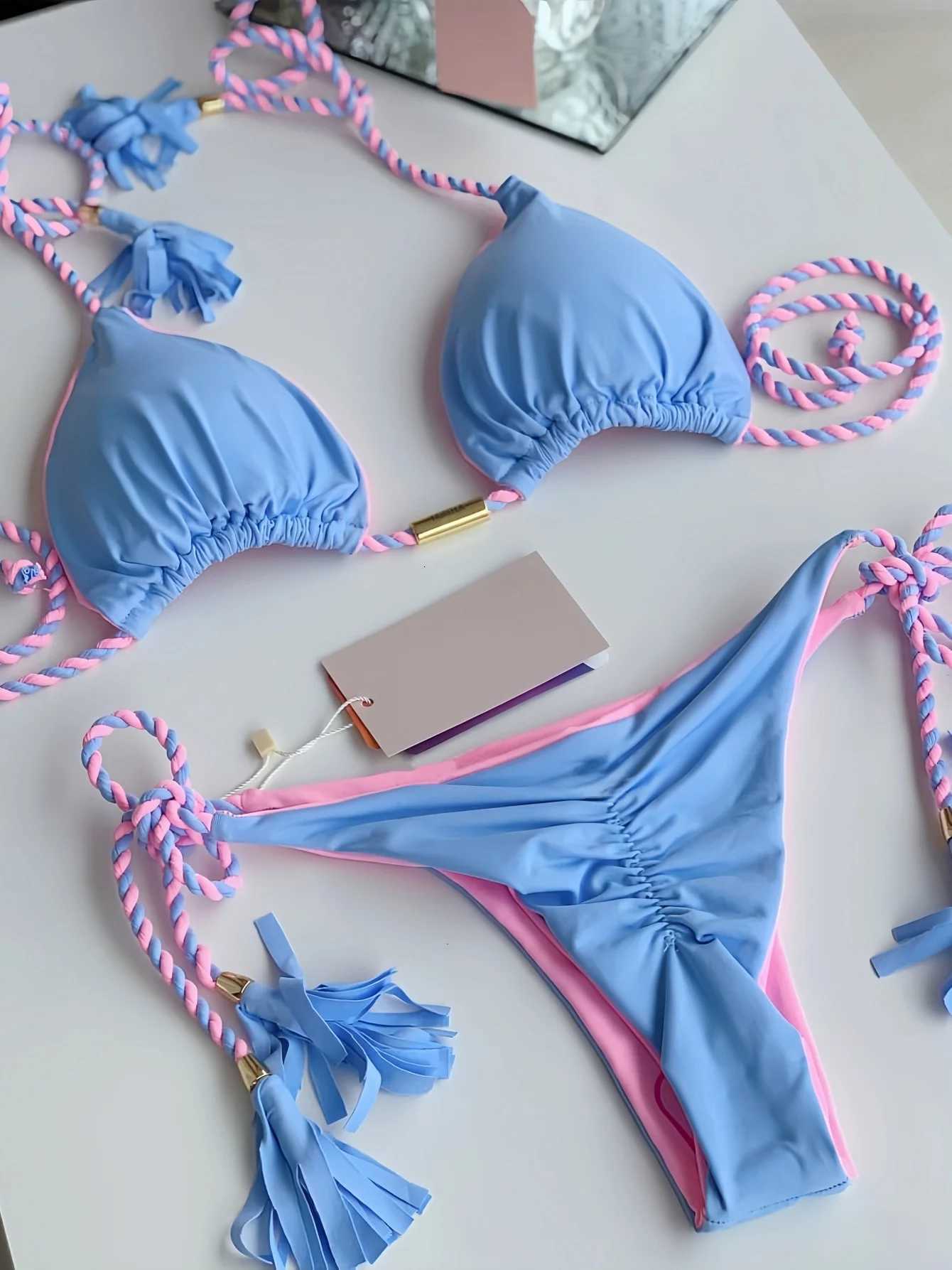 Sexy Solid color Two-piece Triangle Swimwear Womens Swimsuit Braiding rope Bikinis Set Beach Bathing Suit Brazilian BiquinisT260318