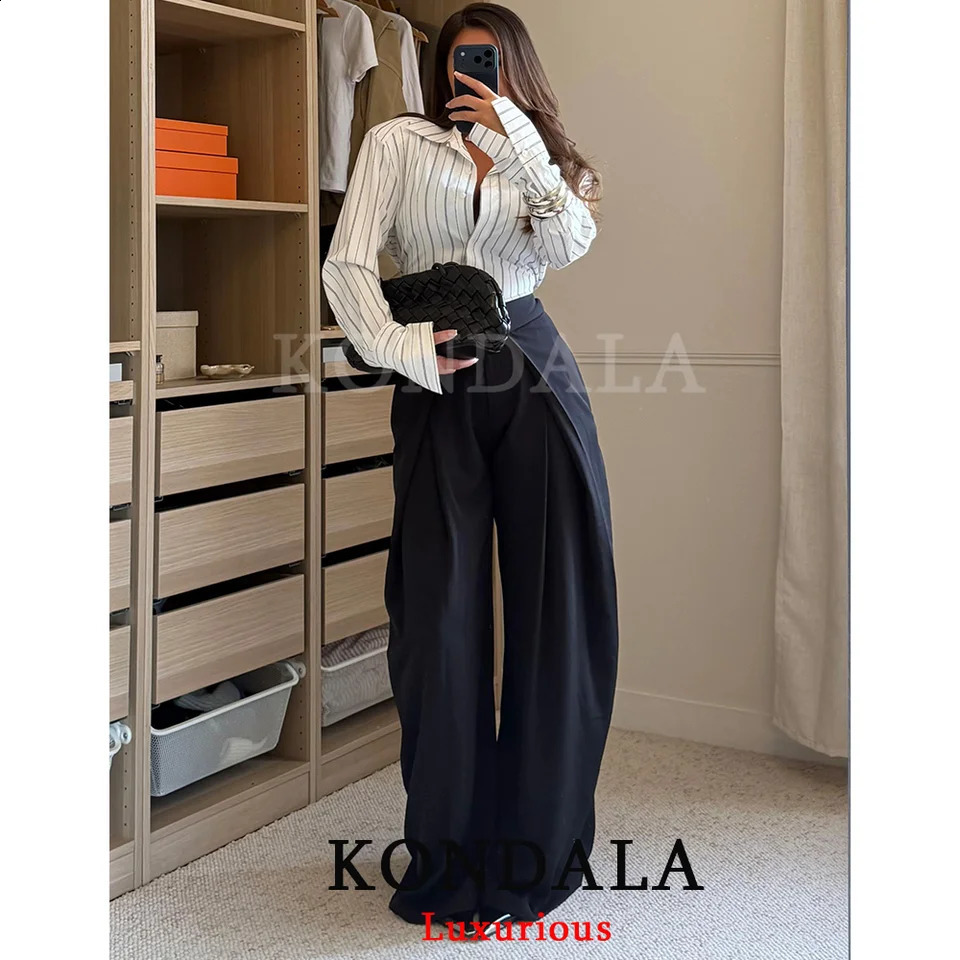 KONDALA Casual Chic Wide Leg Pants Women Office Lady Pockets Pleated Long Trousers Fashion 2026 Spring Summer Streetwear Pants 260317