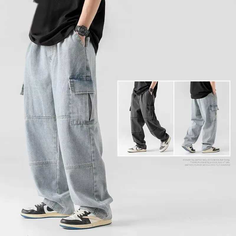 Loose Straight Long Pants Trendy Washed Men New Elastic Waist Spring Autumn Youth Popular Fashion Jeans Big Pocket Cargo Pants M260319