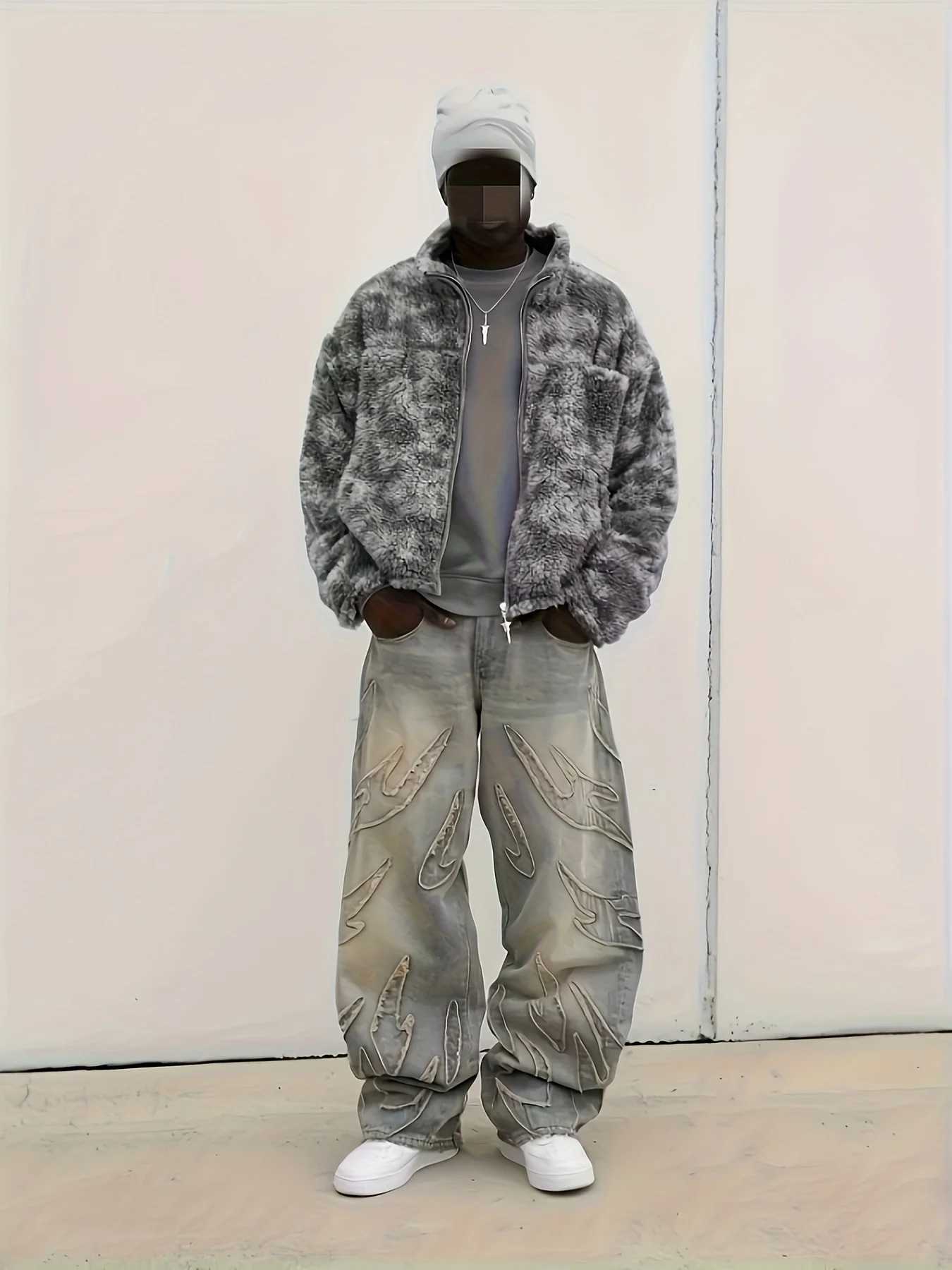 European and American Street Graffiti Wide-Leg Jeans for Men Loose Oversize Vintage-Style Casual Trousers M260319