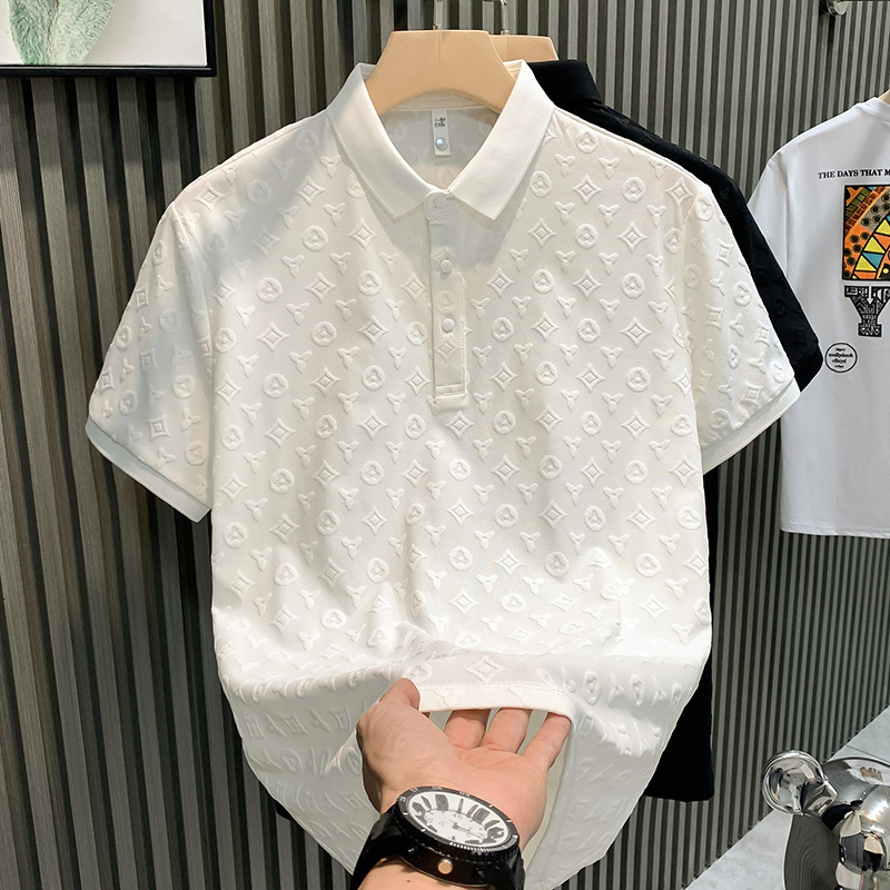 New Men's Short Sleeved T-shirt For Summer 2026, Fashionable And Luxurious Jacquard Casual Slim Fit Youth Lapel Top