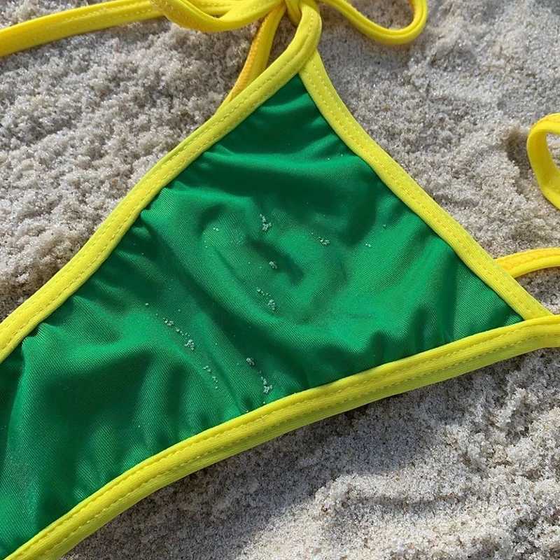 Sexy Green Halter Mini Micro Thong Bikini Female Swimsuit Women Swimwear Two-pieces Bikini Set Bather Bathing Suit Swim 2024T260318