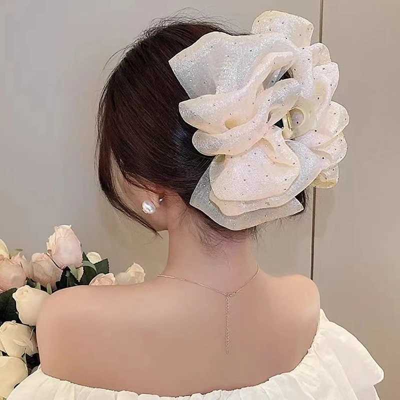 New Summer Sweet Mesh Tulle Star Bubble Hair Claw Clips For Women Solid Ponytail Clip Headdress Accessories H260319