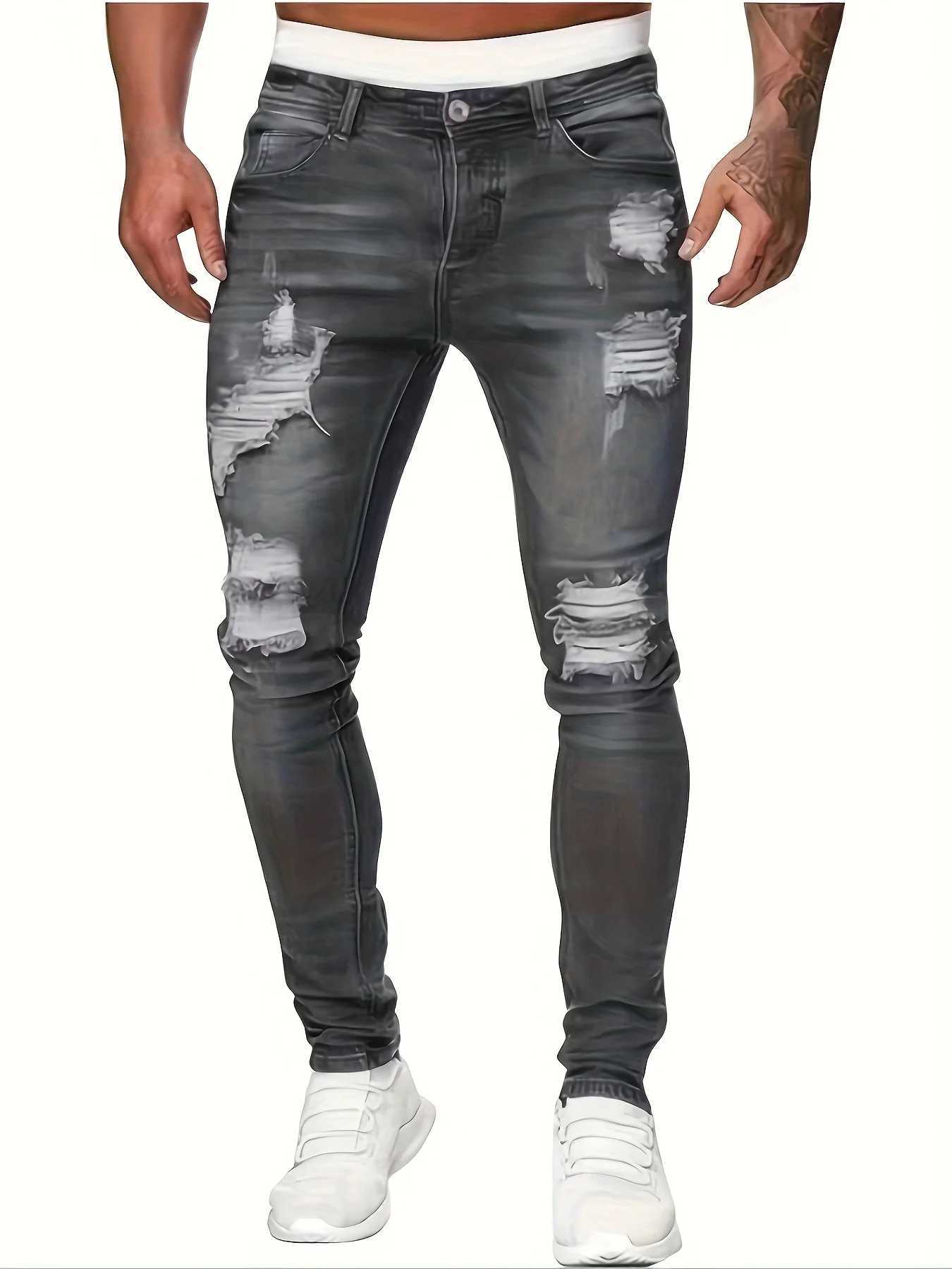 Mens Slim Fit Ripped Straight-Leg Jeans Slim Stretch Jeans Versatile Street-Style Jeans M260319