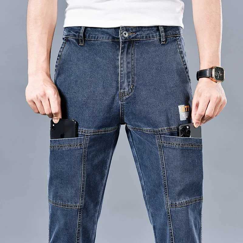 Fashion 6 Pockets Design Jeans Mens Blackgray Blue Stretch Straight Casual Denim Trousers Brand Clothing Cotton Male Pants M260319