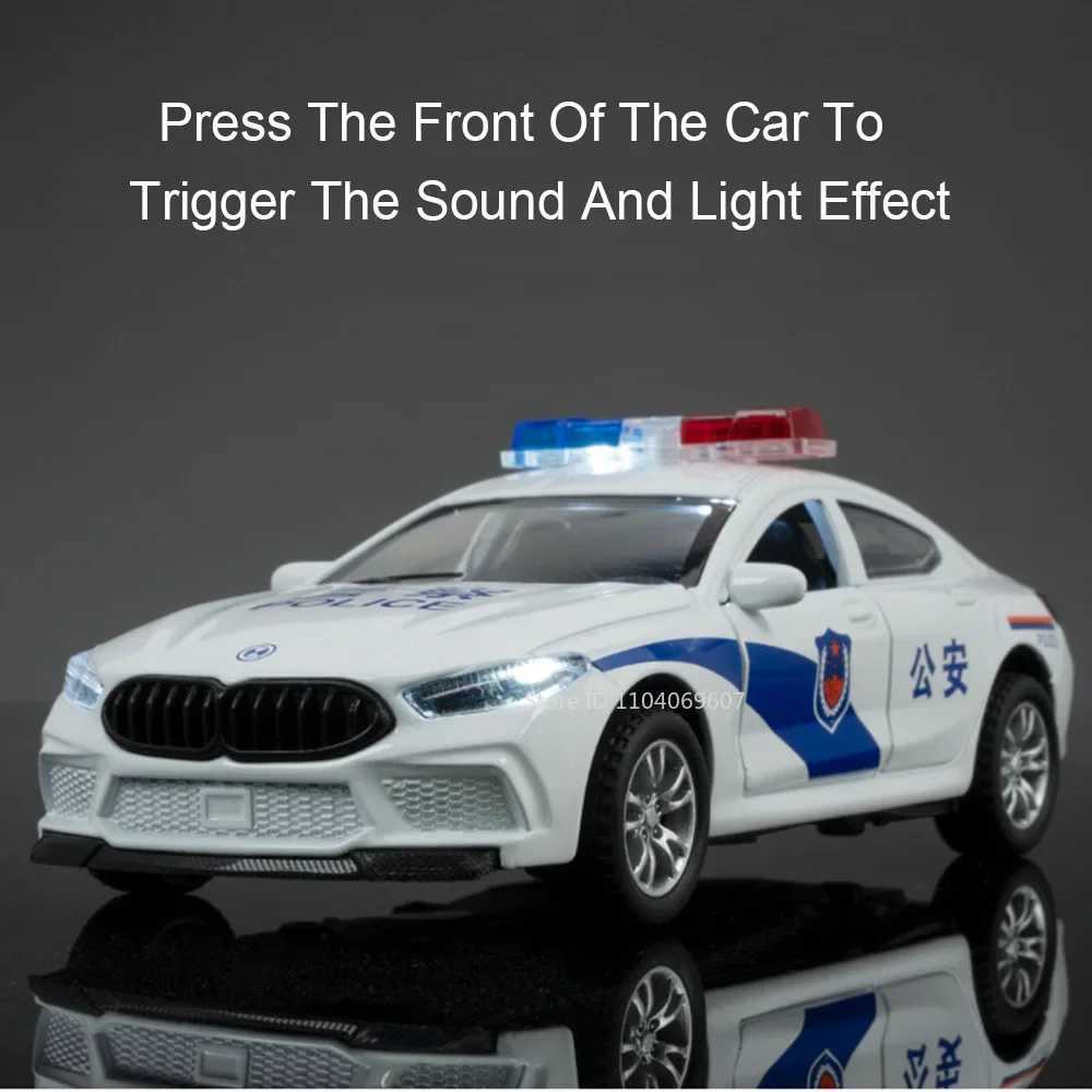 132 M8 Mini Police Car Toy Models Alloy Diecast Sound Light Pull Back 4 Doors Opened Rubber Tires Festival Vehicle Toys Gifts Y260319