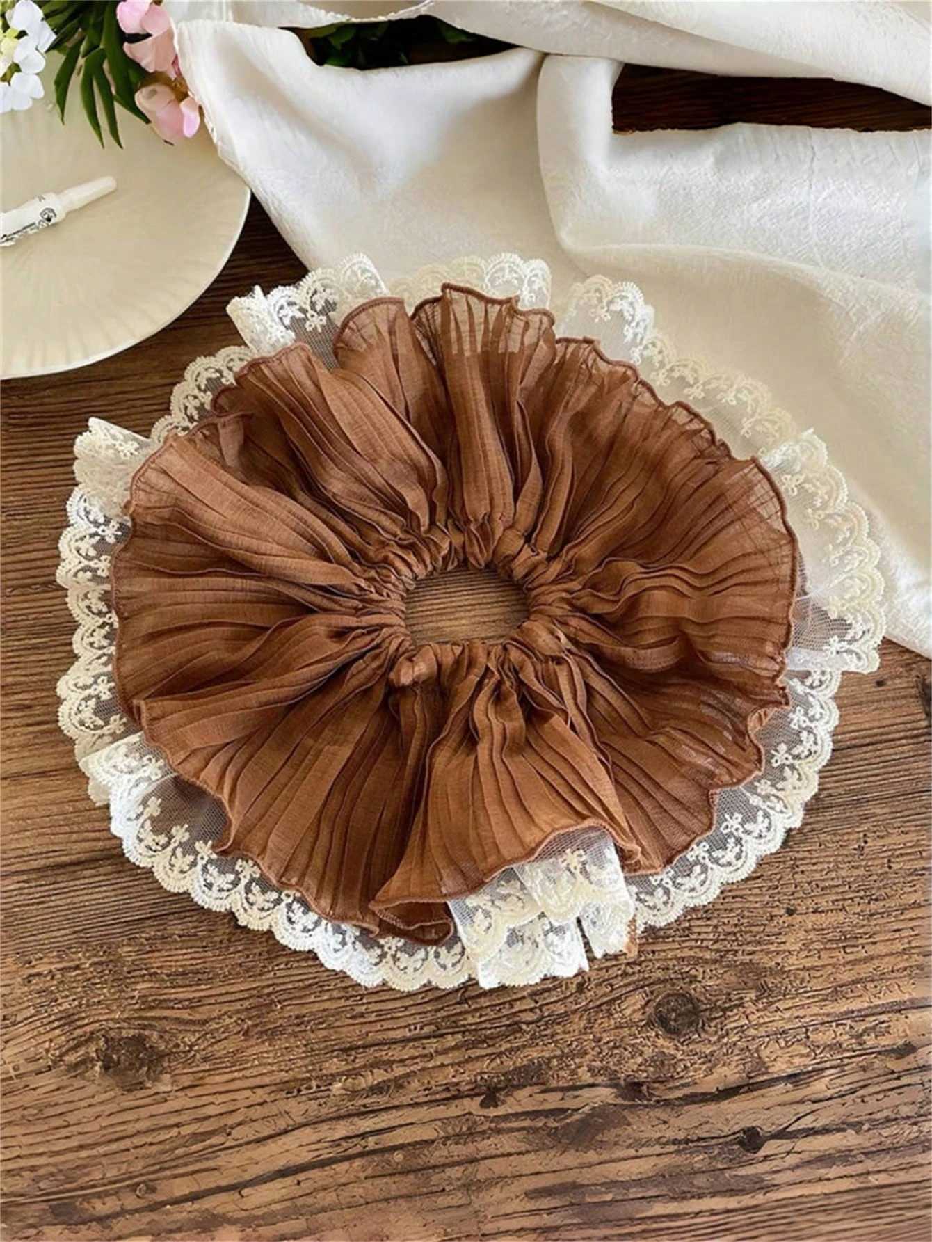 1/3Pcs Women Elegant Solid Color Pleated Double-Layer Lace Ruffle 28cm Super Large Hair Scrunchie Bohemian Style For Ponytail H260319