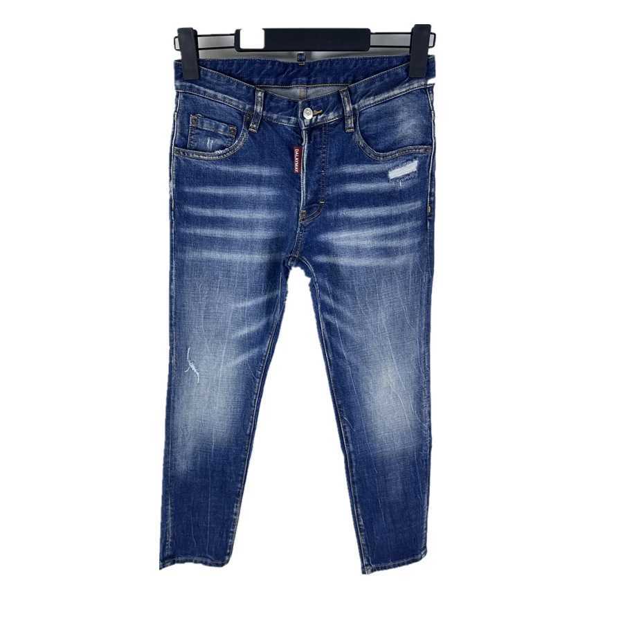 6055 Four Seasons New D2 Jeans Mens Washed Ripped Patch Old Slim Fit Small Straight Blue M260319