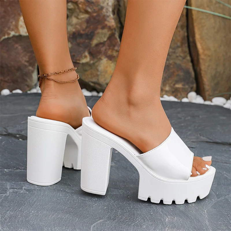 Fashion Patent Leather Super High Heels Sandals for Women Thick Sole Chunky Platform Slippers Plus Size Comfort Non Slip Shoes 260316