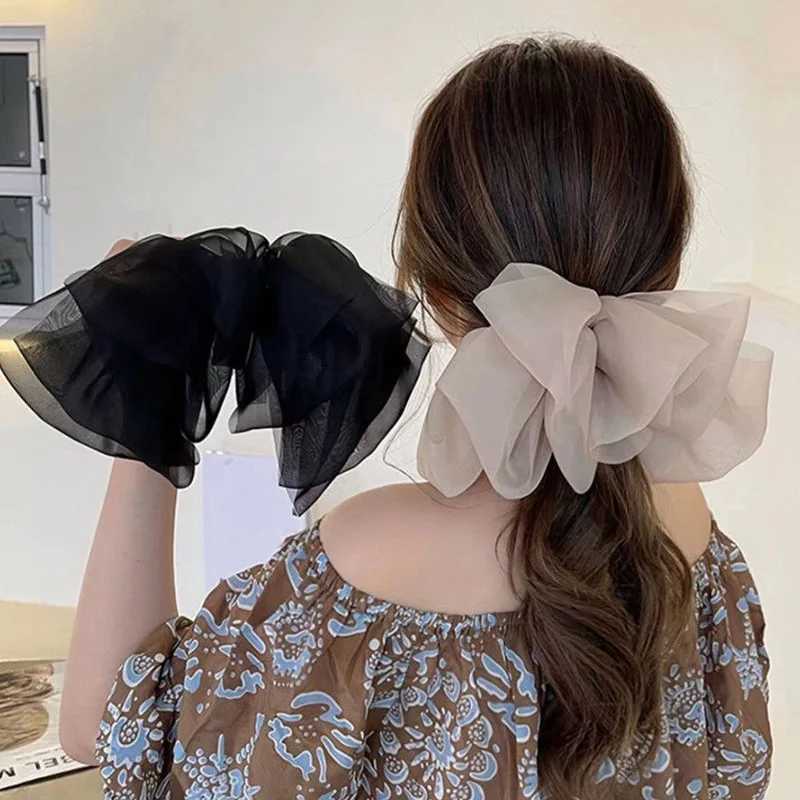 Black Beige Khaki Oversize Bow Hairpin for Women Cute Net Yarn Bowknot Ribbon Clip Hair Clip Korean Chiffon Hair Accessories H260319