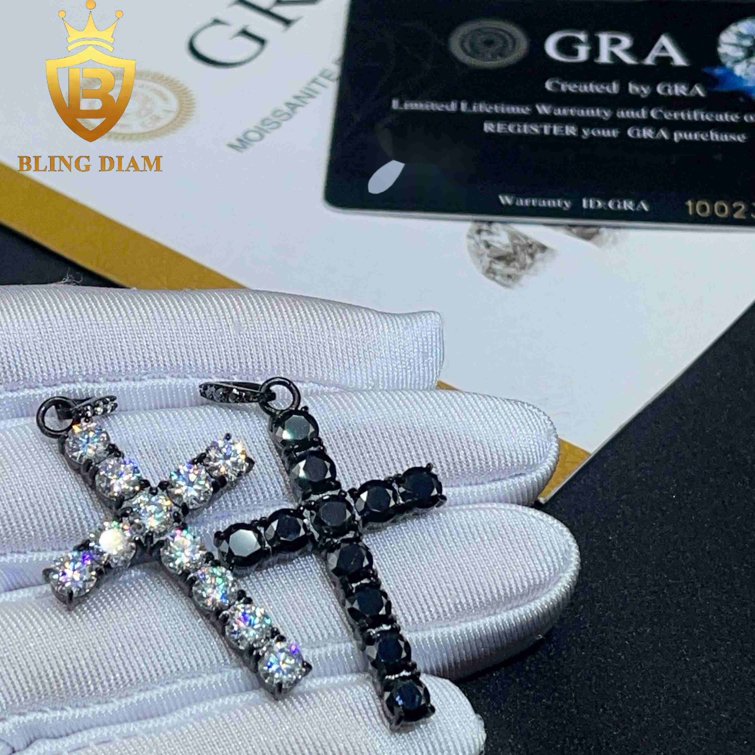 Blingdiam Jewelry Wholesale Iced Out Black Moissanite Gra Certificate Charms Stainless Steel Cross Pendants Necklace