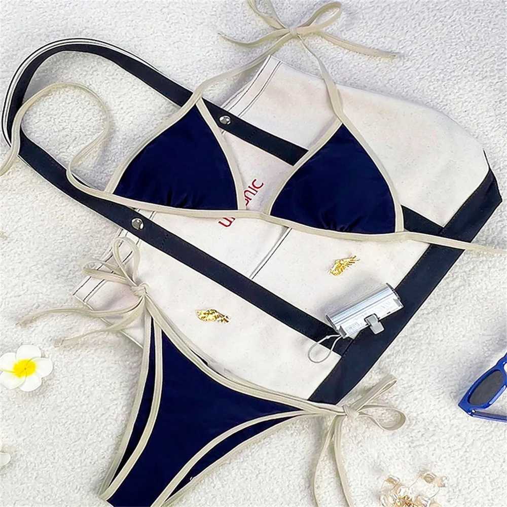 Vintage Blue Bikinis Set Triangle Border String Swimsuit Push Up Swimwear Backless Extrem Bikini Women Beach Outfit Bathing SuitT260318
