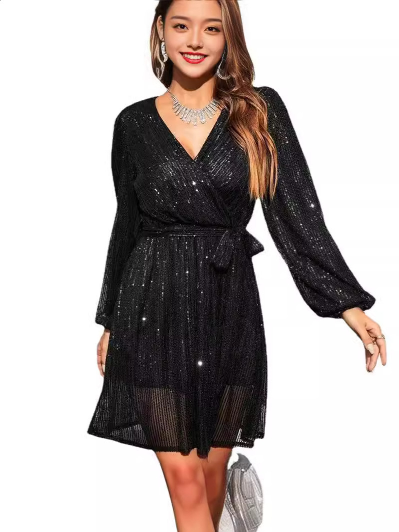 Elegant Shiny Evening Dress Women Party Long Gown Long Sleeve Sequins Even Robe Femme Bridesmaid Wedding Celebrity 241214