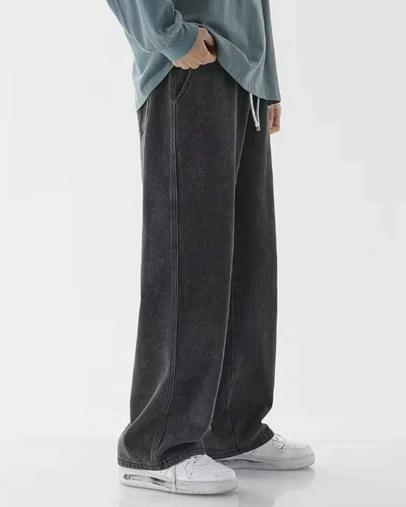 2026 new streetwear loose jeans mens Korean fashion loose straight leg wide leg pants mens brand clothing black light blue M260319
