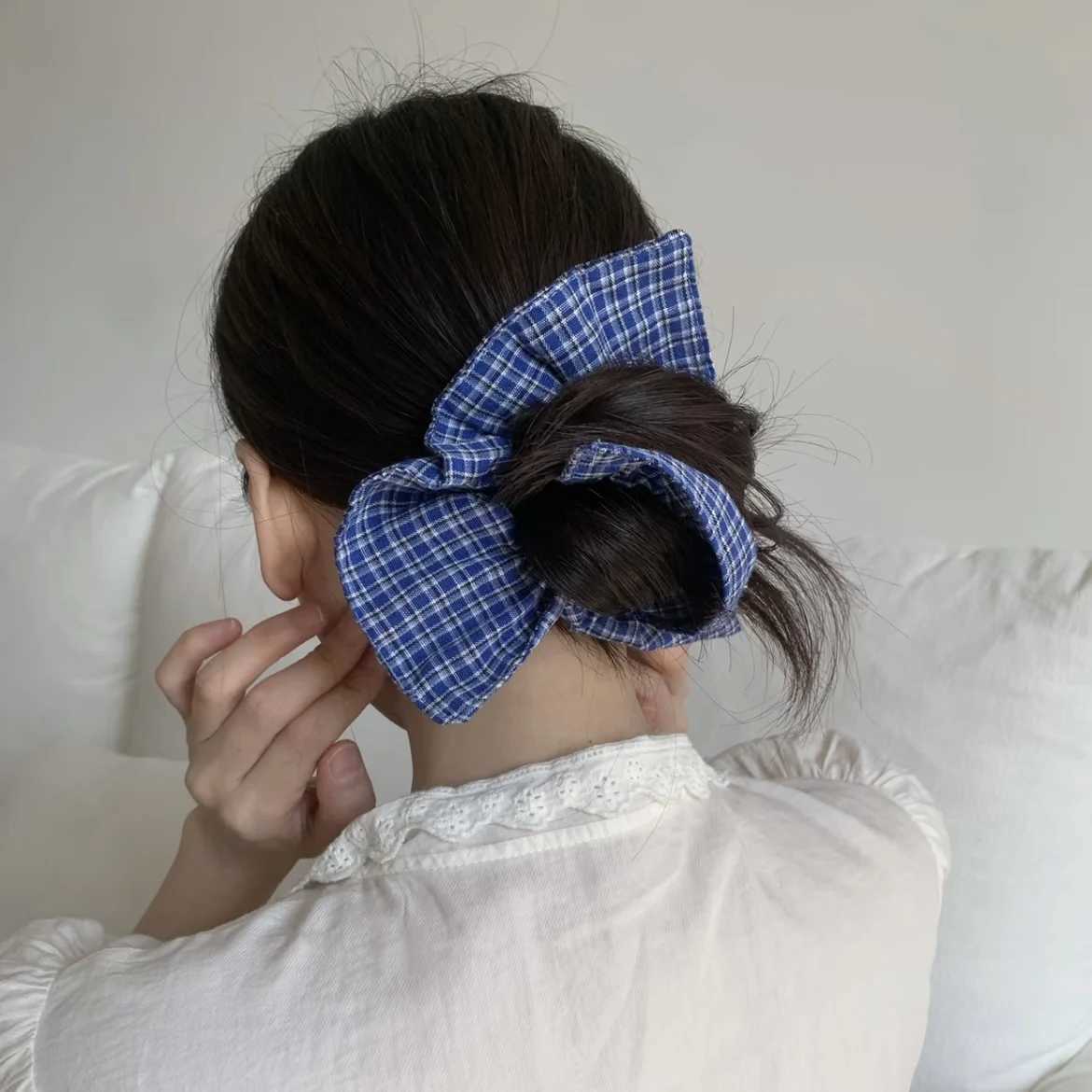 Preppy - Style Blue Plaid Hair Scrunchie Large Bow - Shaped Hair Tie Cute And Retro Hair Accessory For Women H260319