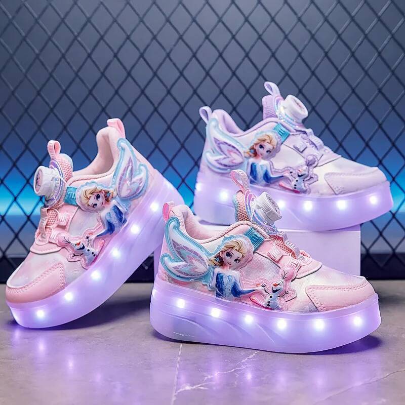 Designer Disney Kids'casual Shoes Roller Skate Shoes Led Light Cartoon Princess PU Leather For Children Blue Pink Shoes Size 28-37 Luxury