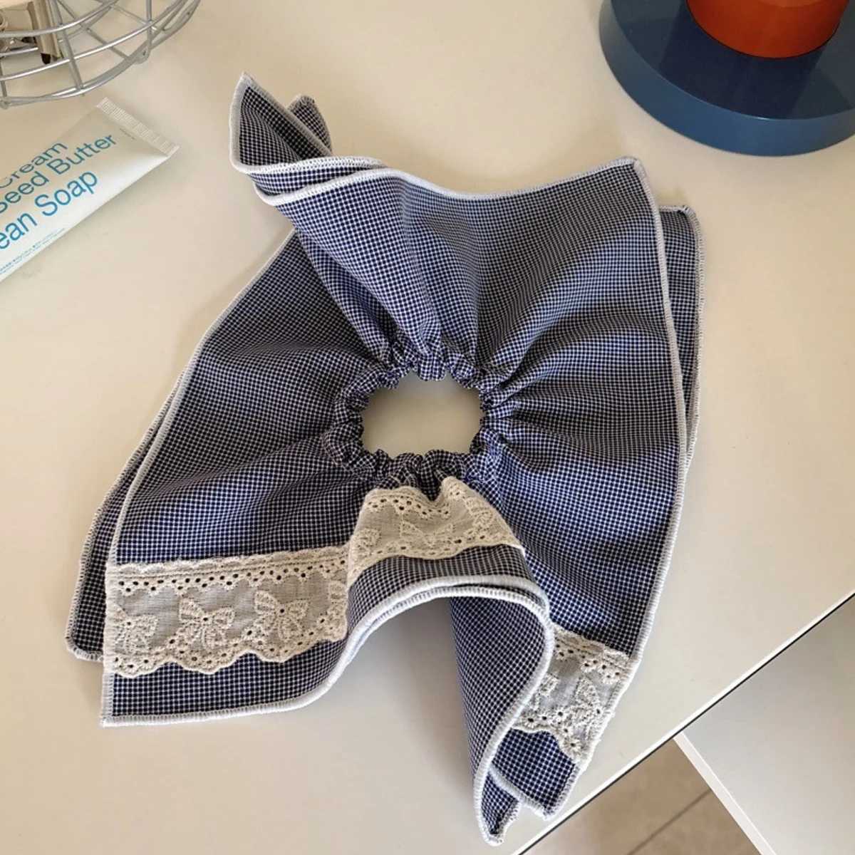 1pc Korean plaid lace double-layer square scarf large intestine scrunchie temperament versatile bun and ponytail hair rope H260319