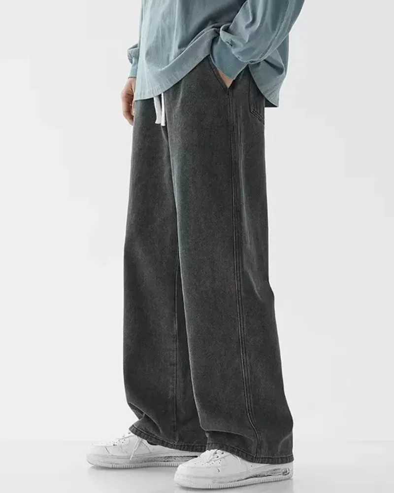 2026 new streetwear loose jeans mens Korean fashion loose straight leg wide leg pants mens brand clothing black light blue M260319