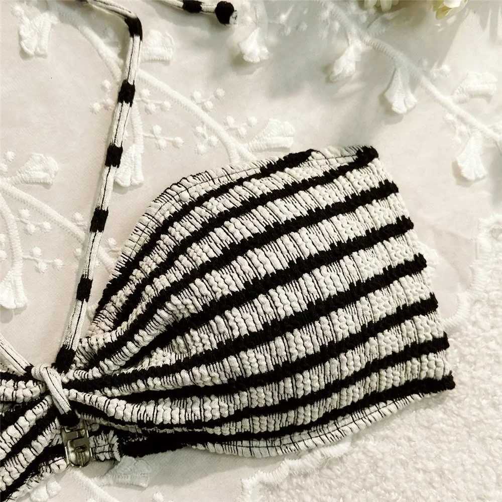 Striped Print String Halter Bandeau Bikinis Sets 2025 Sexy Swimsuit Women Ruched Swimwear Bathing Suit Brazilian Bikini MujerT260318