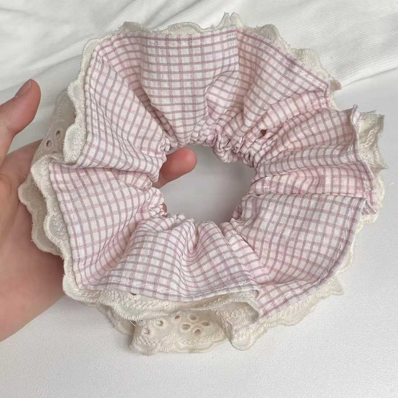 Pink fresh and sweet plaid lace four-layer large intestine scrunchie Gentle girl sweet lady daily hair accessory H260319