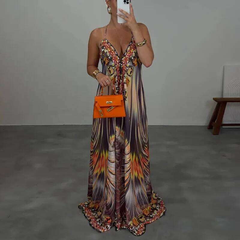 Summer New Deep V Neck Hollow Camisole Woman Fashion Print Loose Swing Long Sexy Lace Up Backless Boho Dress Vestido
