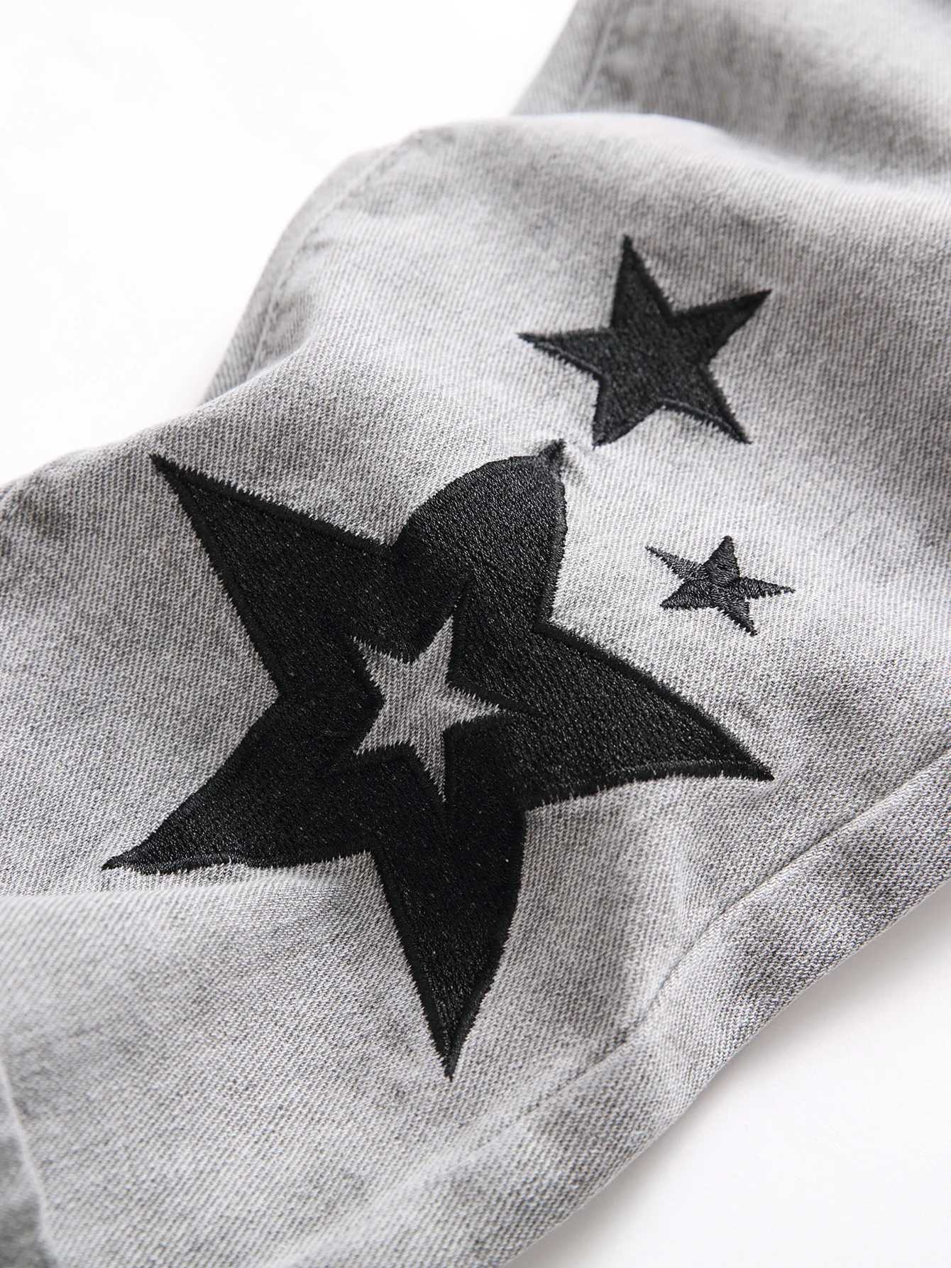 Y2K Mens Jeans - Trendy Gray Mid-Rise Straight Leg Distressed Ripped with Whisker Grunge Washes Cool Street Style M260319