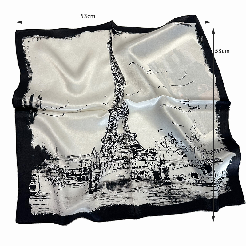 Black Paris Tower Print 100% Silk Scarf for Women - Summer Lightweight Fashion Silk 53cm Small Square Necktie Neck Scarf Neck Guard