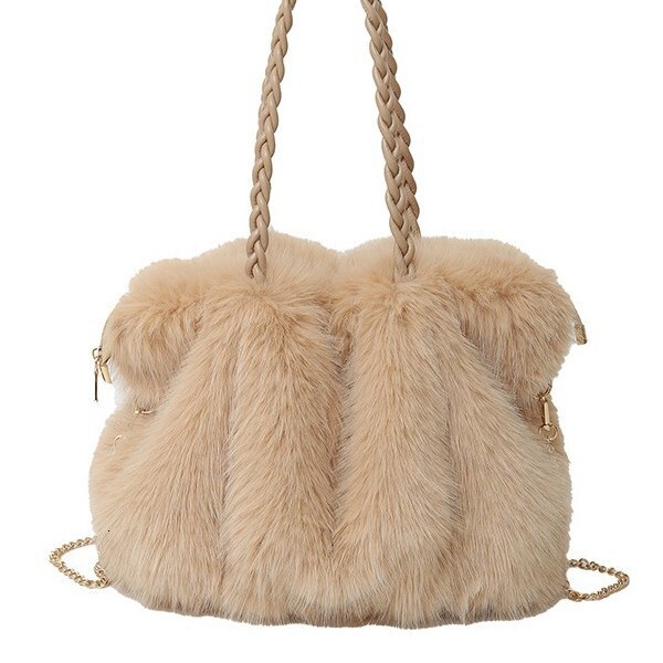 New Plush Bag for Women, High-End Fashion, Wrinkled Faux Fox Fur, Single Shoulder Crossbody Bag, Large Capacity Tote Furry Bag 8e6