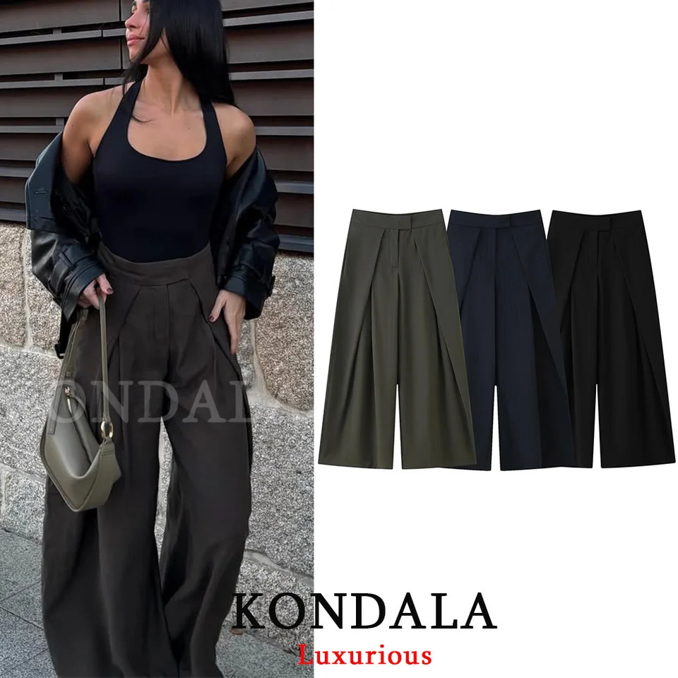 KONDALA Casual Chic Wide Leg Pants Women Office Lady Pockets Pleated Long Trousers Fashion 2026 Spring Summer Streetwear Pants 260317