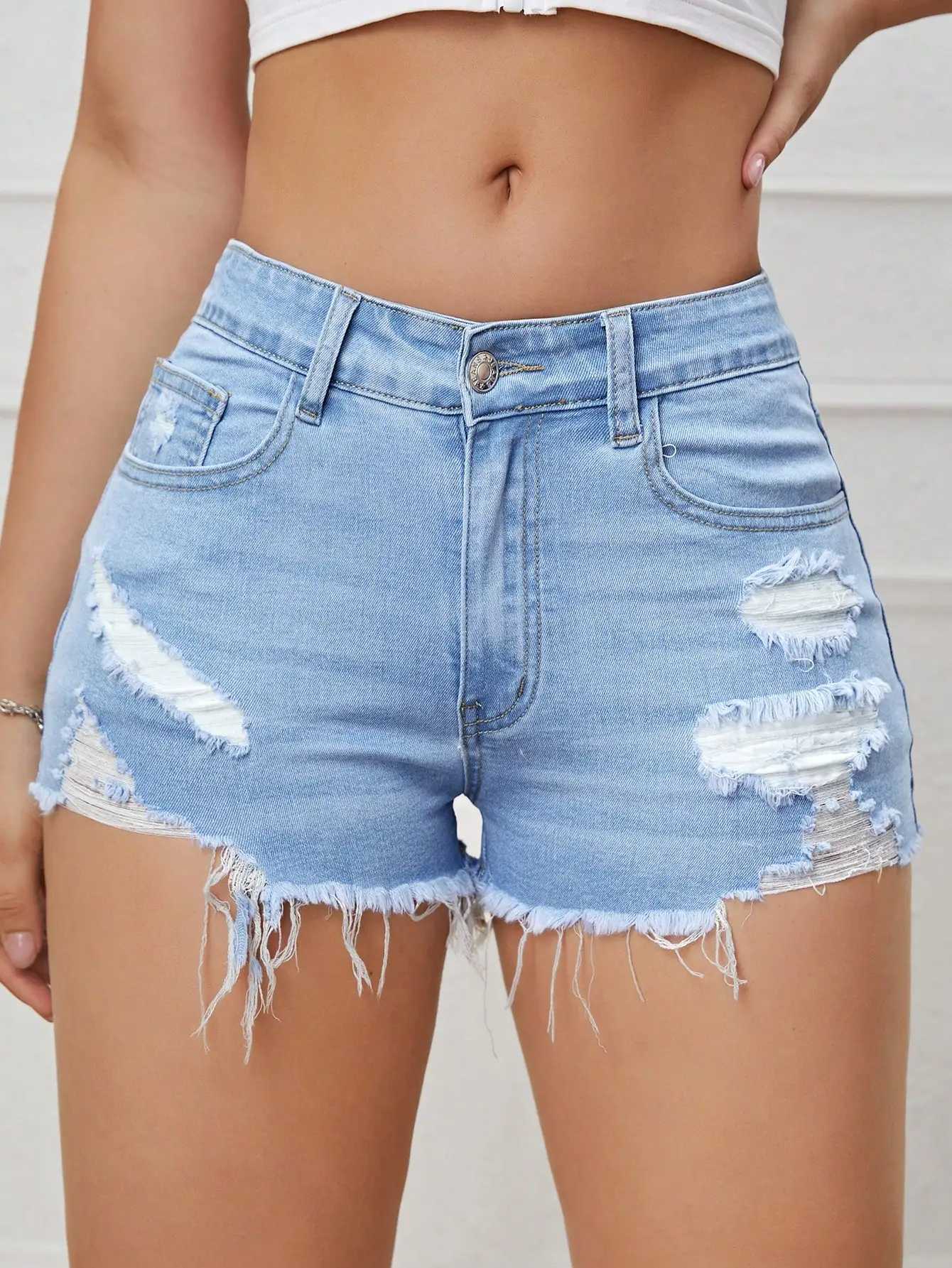 Ripped Raw Denim Shorts For Women Fashion A-line Hem Female Summer Hot Pants Streetwear Blue Clothing Skinny Sexy Retro Leisure M260319