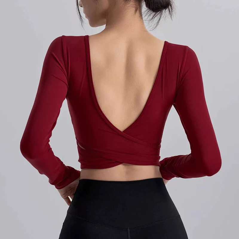 Autumn Slimming Long Sleeved Yoga Top Crossed Back with Fixed Chest Pads for Sports Running Fitness Tight Fitting Shirt Z20260319