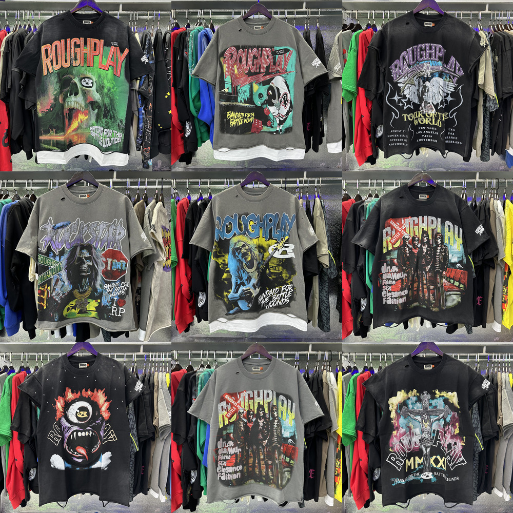 Mens tshirts Rough Play Long Sleeve T Shirt High Street Quality cotton Tees graphic Vintage Washed Damaged Hip Hop Y2k Streetwear RoughPlay Top summer Tshirts a2