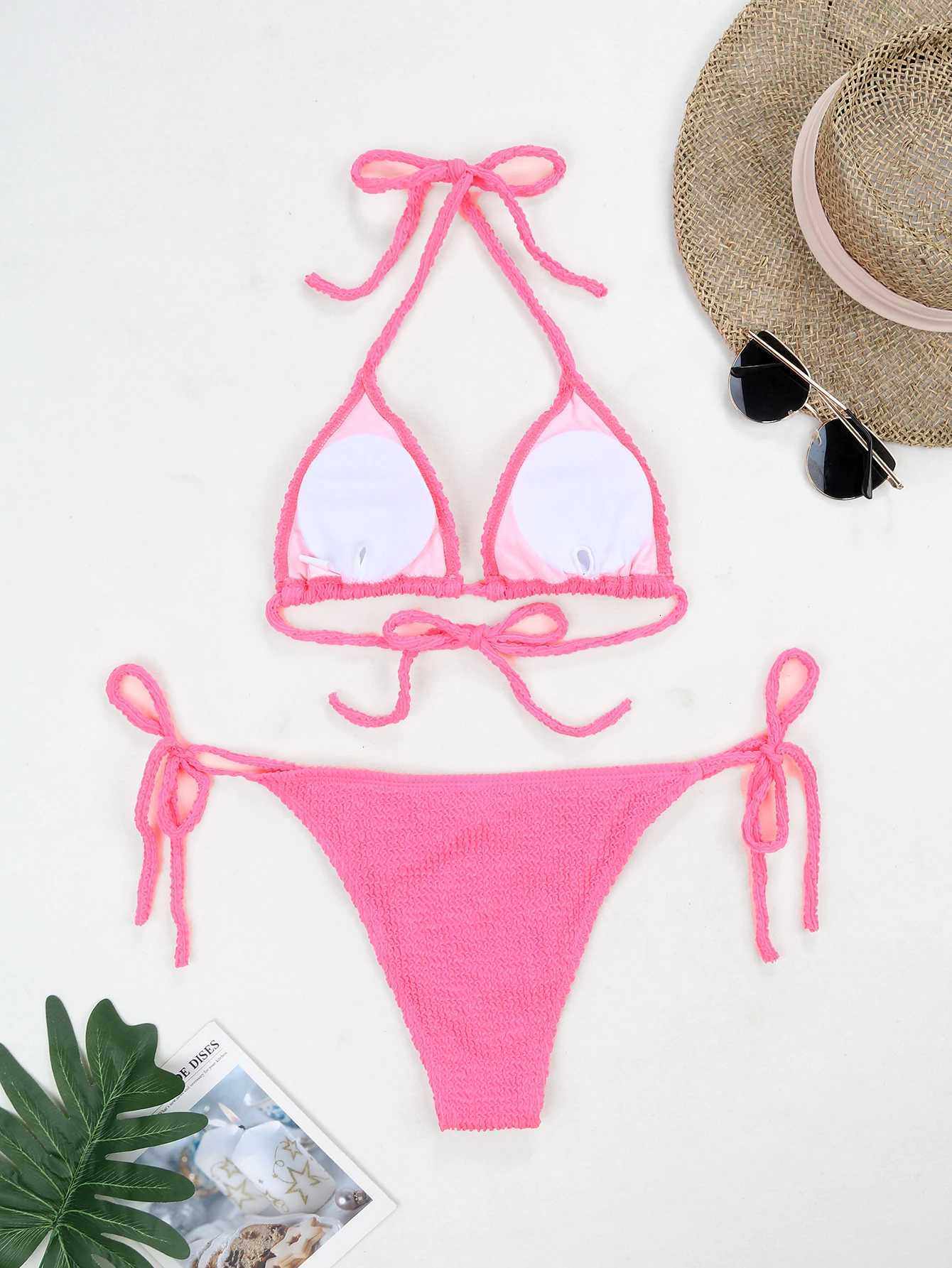 Summer wrinkled fabric special fabric wave strip sexy bikini women fluorescent strap split swimsuit womenT260318