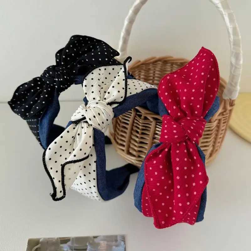 1pc Korean new polka dot denim bow wide edge headband collision sweet headband compression hair hairpin for women H260319